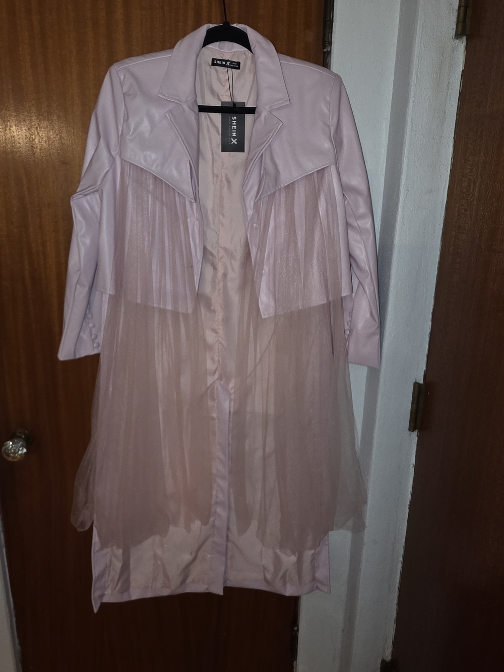 SHEIN Blush Pink Faux Leather Trench Coat with Tulle Panels